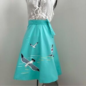 Retro Seagull Print Turquoise Wrap Skirt